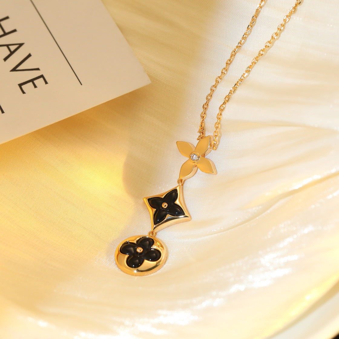 [Riva Jewelry]STAR AND SUN ONYX ROSE GOLD NECKLACE