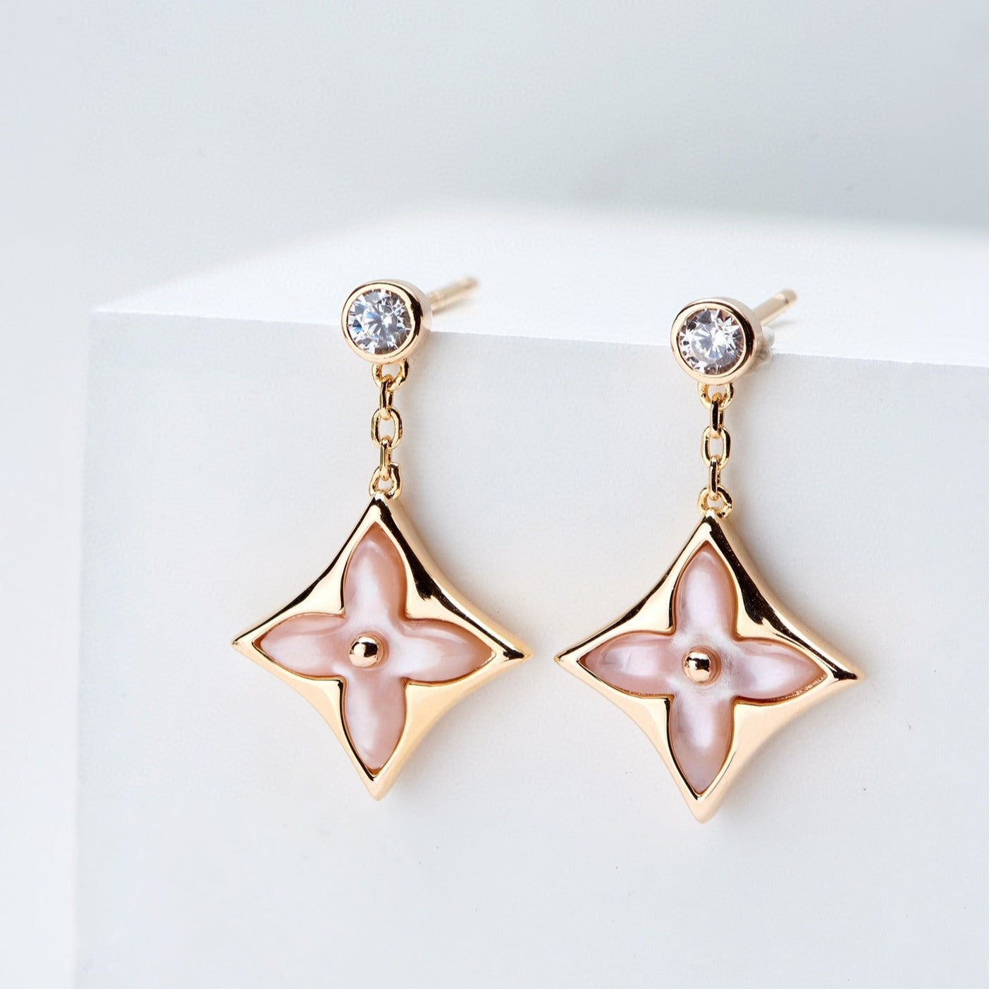 [Riva Jewelry]DOUBLE STAR ROSE GOLD MOP DROP EARRINGS