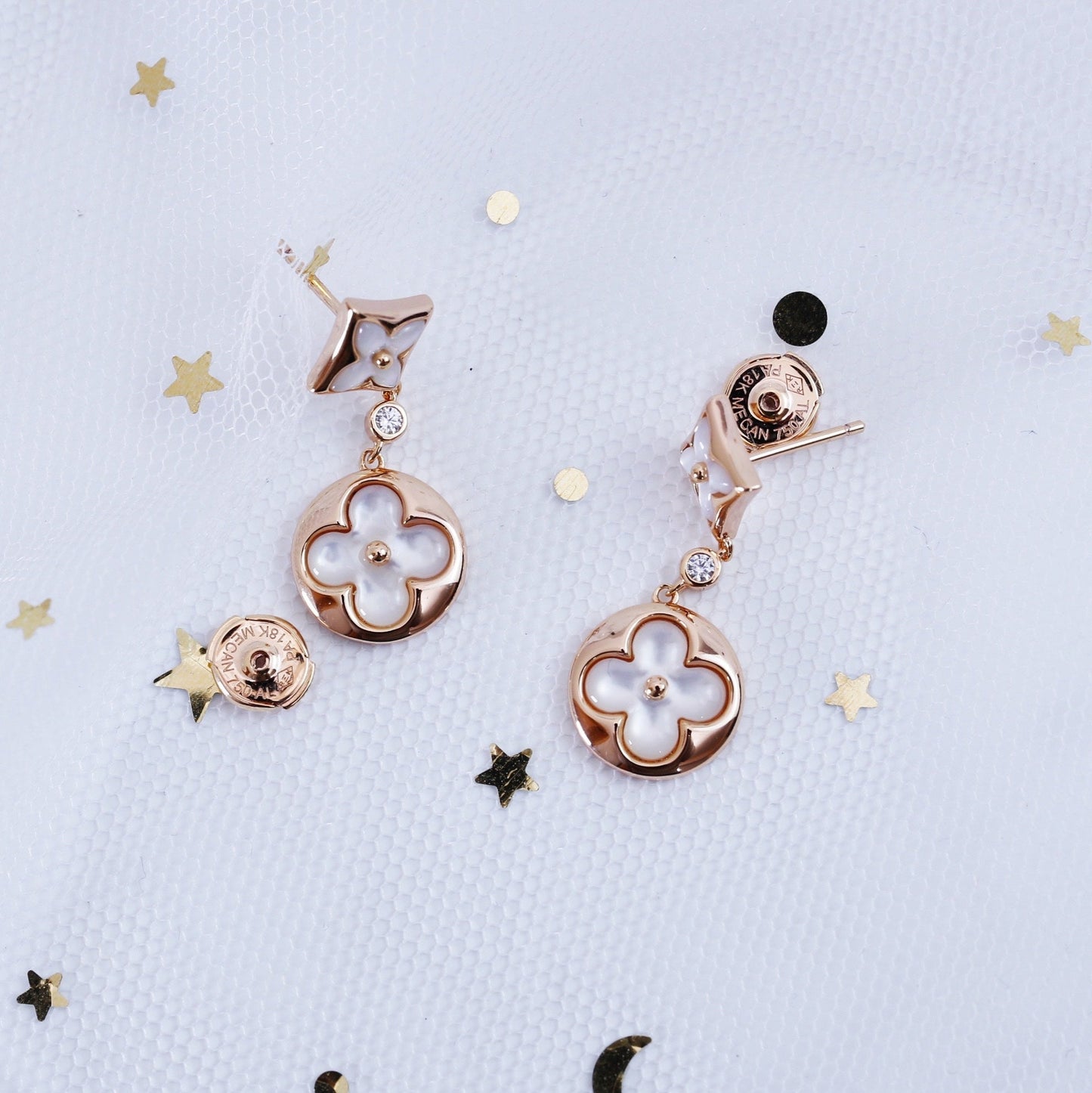 [Riva Jewelry]STAR AND SUN ROSE GOLD MOP DROP EARRINGS