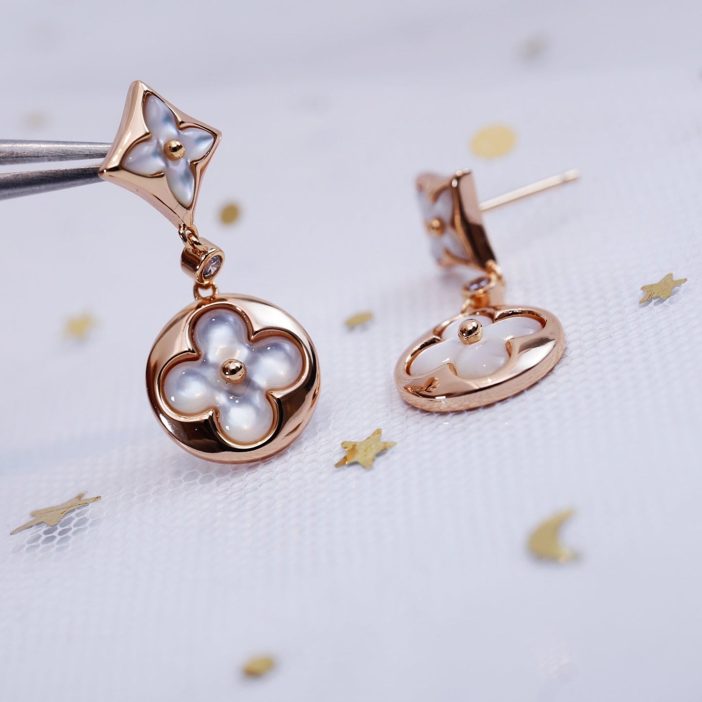 [Riva Jewelry]STAR AND SUN ROSE GOLD MOP DROP EARRINGS