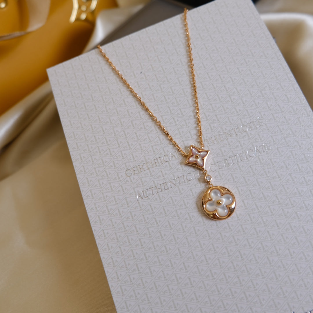[Riva Jewelry]STAR AND SUN WHITE MOP 2 MOTIF ROSE GOLD NECKLACE