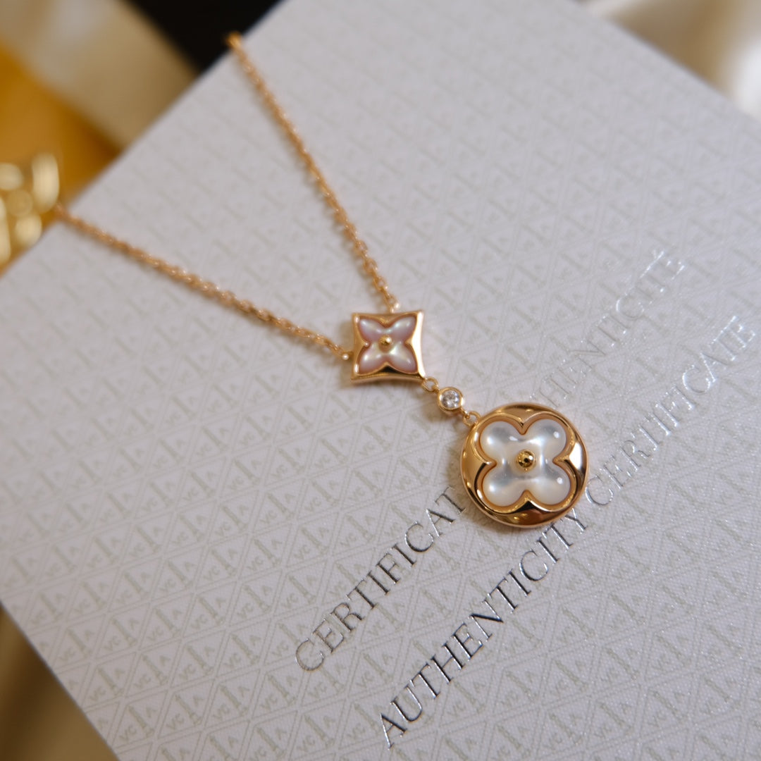 [Riva Jewelry]STAR AND SUN WHITE MOP 2 MOTIF ROSE GOLD NECKLACE