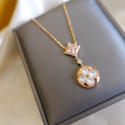 [Riva Jewelry]STAR AND SUN WHITE MOP 2 MOTIF ROSE GOLD NECKLACE