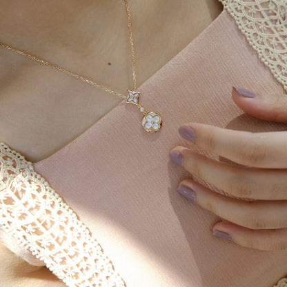 [Riva Jewelry]STAR AND SUN WHITE MOP 2 MOTIF ROSE GOLD NECKLACE