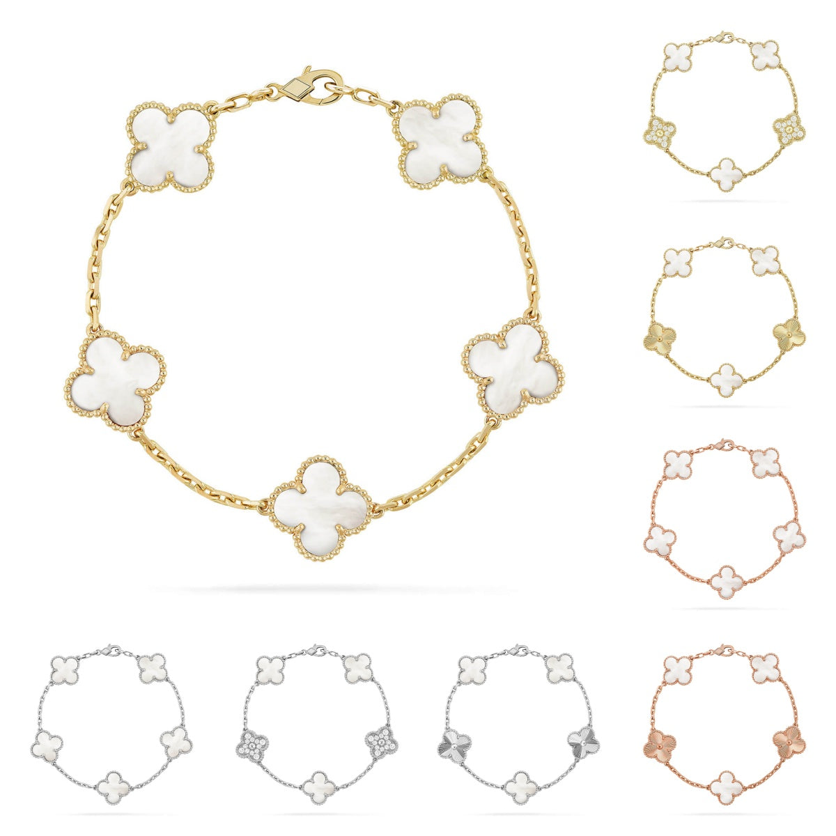 [Riva Jewelry]LUCKY CLOVER 5-MOTIF BRACELET - WHITE MOTHER-OF-PEARL COLLECTION