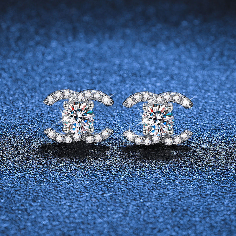 [Riva Jewelry]CHIC INTERLOCKING DOUBLE-C MOISSANITE STUD EARRINGS