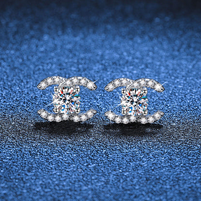 [Riva Jewelry]CHIC INTERLOCKING DOUBLE-C MOISSANITE STUD EARRINGS