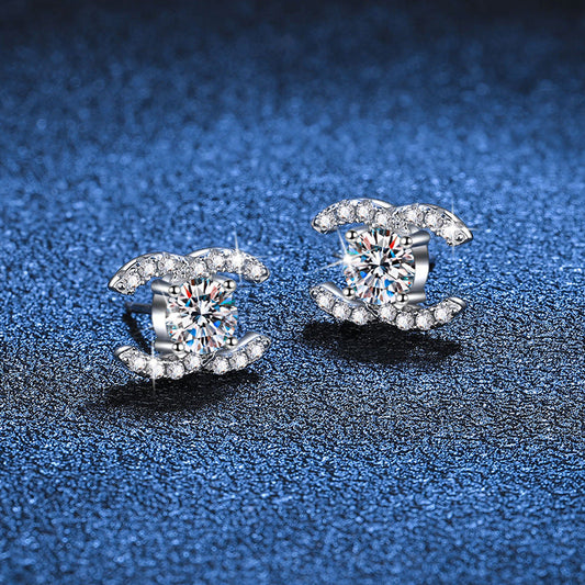 [Riva Jewelry]CHIC INTERLOCKING DOUBLE-C MOISSANITE STUD EARRINGS