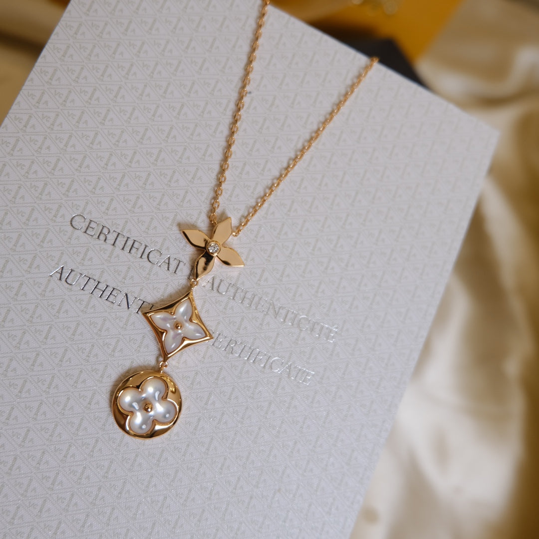 [Riva Jewelry]COLOR BLOSSOM LARIAT NECKLACE ROSE GOLD WHITE MOTHER PEARL AND DIAMOND