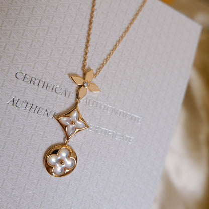 [Riva Jewelry]COLOR BLOSSOM LARIAT NECKLACE ROSE GOLD WHITE MOTHER PEARL AND DIAMOND