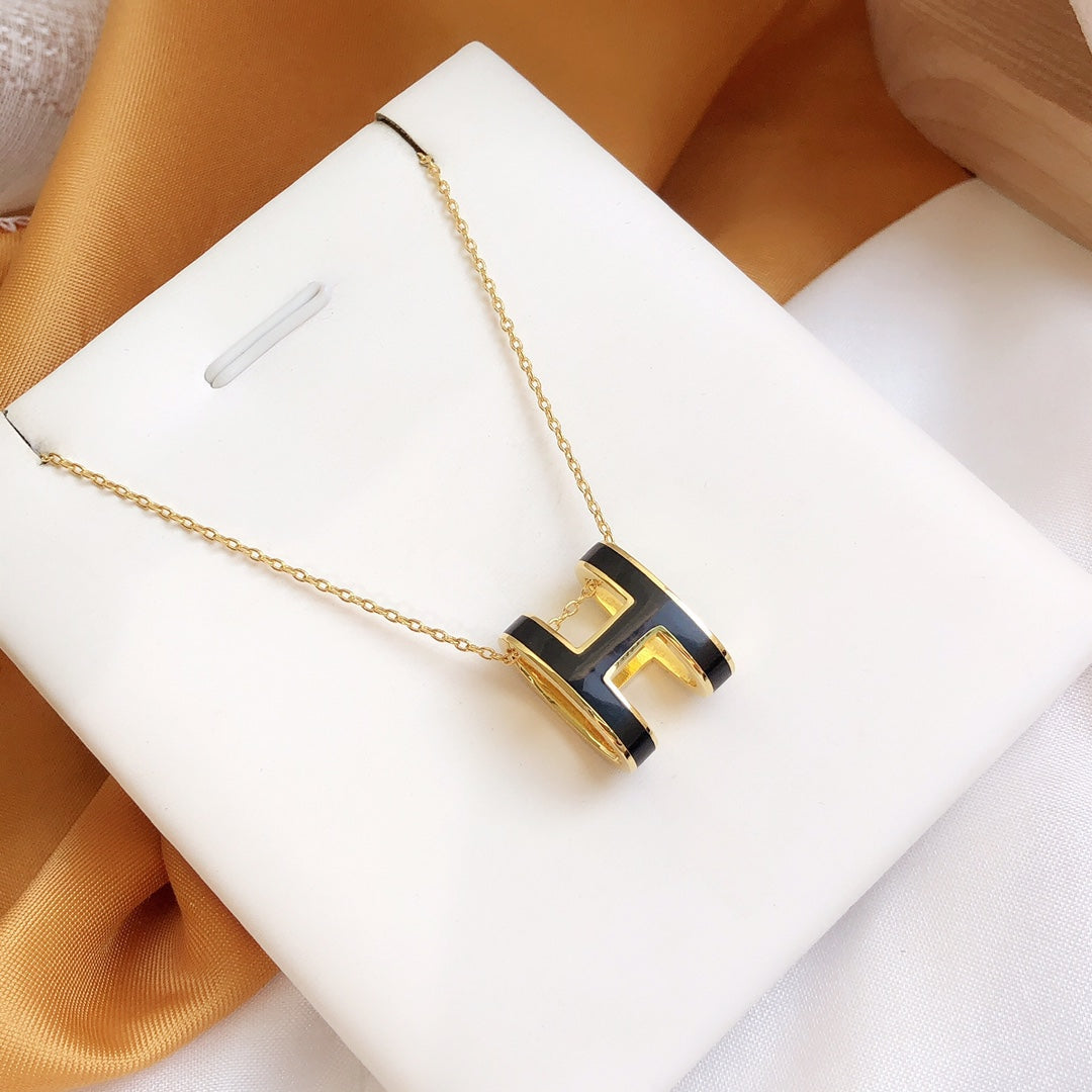 [Riva Jewelry]HM CLIC BLACK ENAMEL GOLD NECKLACE