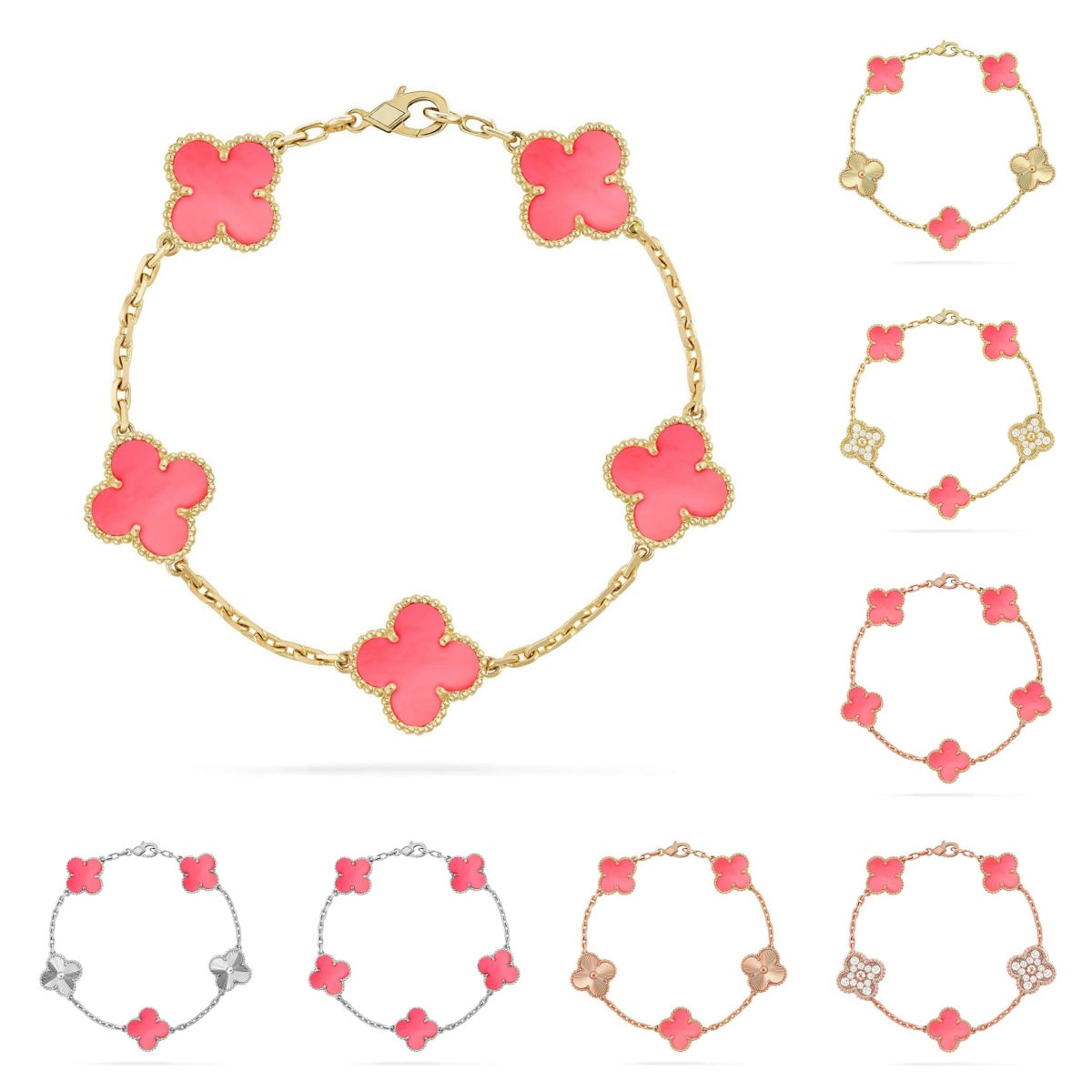 [Riva Jewelry]LUCKY CLOVER 5-MOTIF BRACELET - PINK MOTHER-OF-PEARL COLLECTION