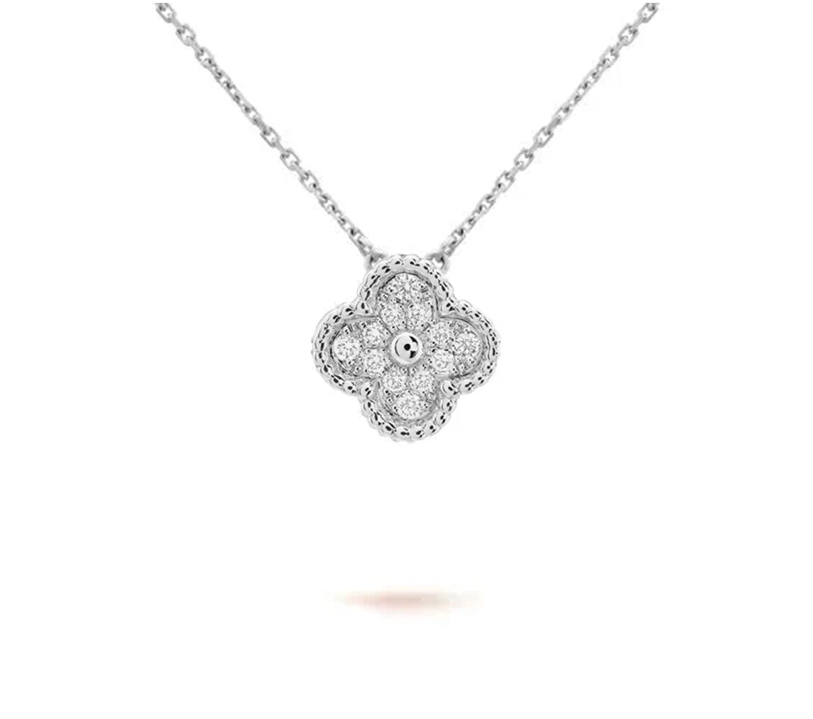 [Riva Jewelry]15MM CLOVER FLOWER PENDANT NECKLACE WHITE GOLD COLLECTION