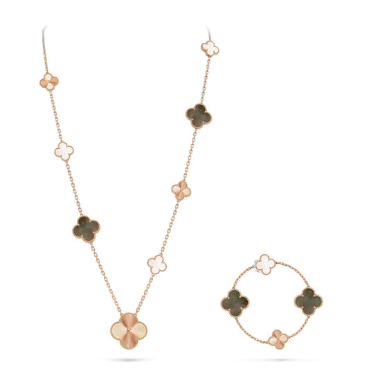 [Riva Jewelry]DETACHABLE 15-MOTIF CLOVER STATEMENT SET - GREY MOTHER-OF-PEARL & LASER