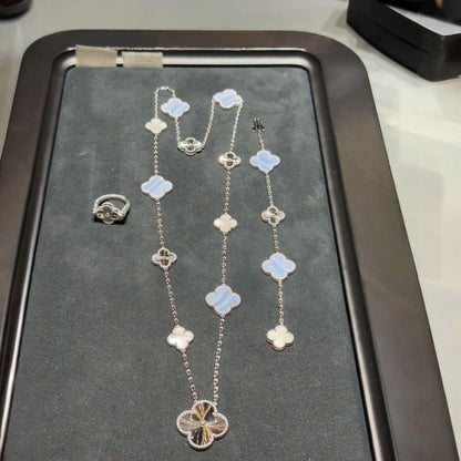 [Riva Jewelry]DETACHABLE 15-MOTIF CLOVER STATEMENT SET - PURPLE CHALCEDONY & LASER