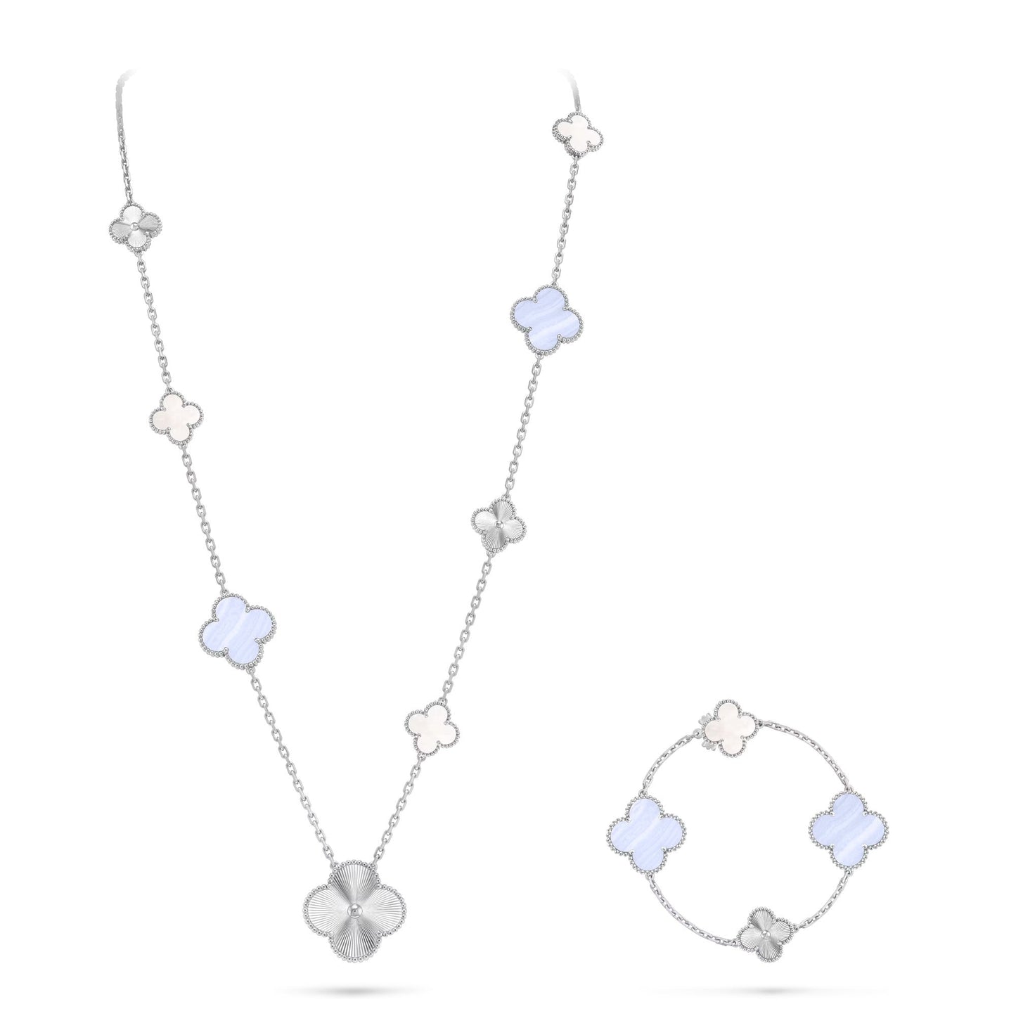 [Riva Jewelry]DETACHABLE 15-MOTIF CLOVER STATEMENT SET - PURPLE CHALCEDONY & LASER