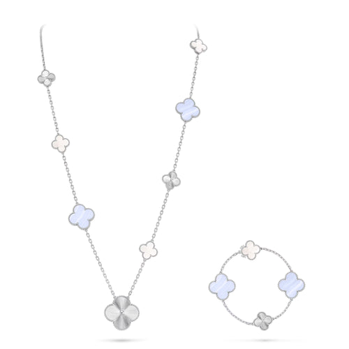 [Riva Jewelry]DETACHABLE 15-MOTIF CLOVER STATEMENT SET - PURPLE CHALCEDONY & LASER